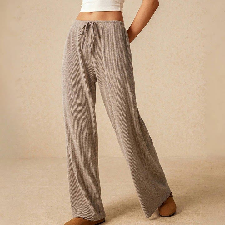 Pantalon droit taille haute décontracté Olivenorma uni pour femme, élastique à enfiler - Beige - L - image 1