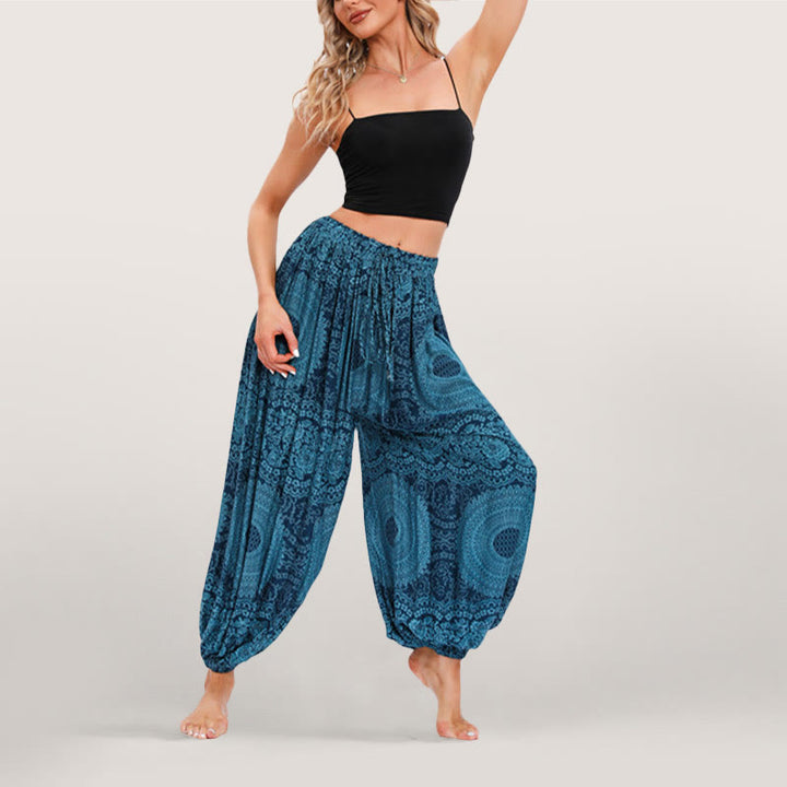 Pantalon sarouel fluide à taille élastique pour femme Olivenorma , imprimé bohème - Bleu - image 8