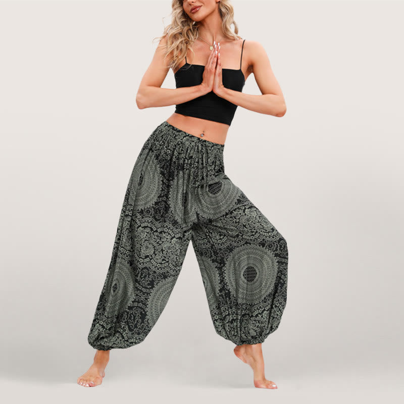 Pantalon sarouel fluide à taille élastique pour femme Olivenorma , imprimé bohème - Vert - image 0