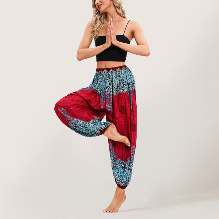 Pantalon sarouel à taille élastique Olivenorma Vibrant Boho Mandala pour femme - Rouge - image 12