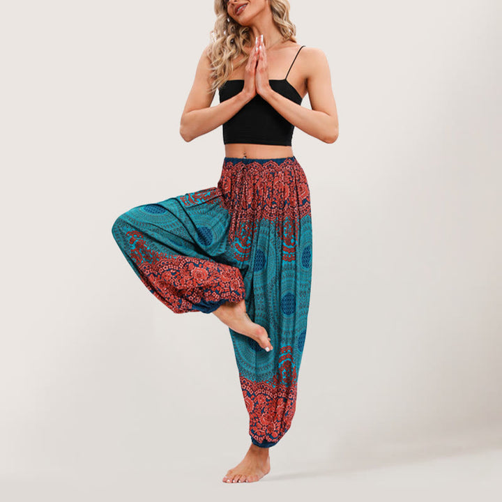 Pantalon sarouel à taille élastique Olivenorma Vibrant Boho Mandala pour femme - Bleu - image 0