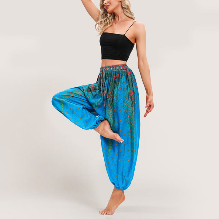 Pantalon sarouel taille élastique style bohème imprimé céleste Olivenorma pour femme - Bleu - image 14