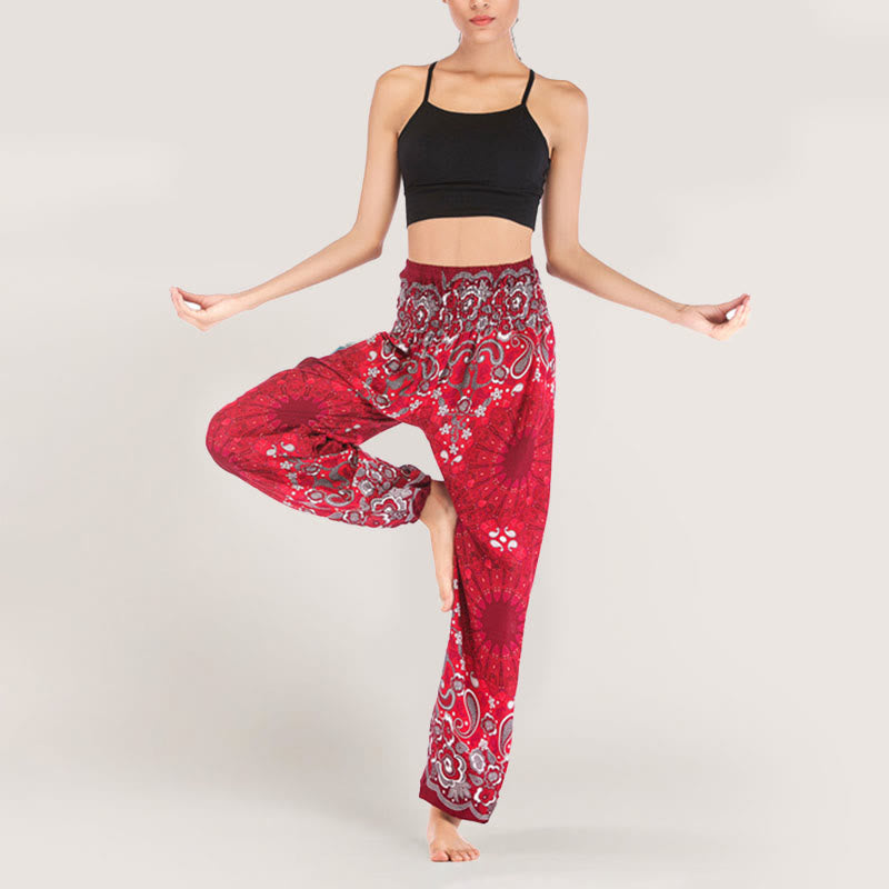 Pantalon sarouel en viscose à taille élastique imprimé flocons de neige mandala Olivenorma pour femme - Rouge - image 34