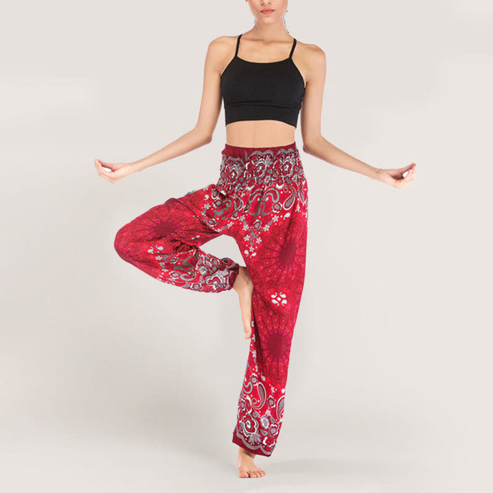 Pantalon sarouel en viscose à taille élastique imprimé flocons de neige mandala Olivenorma pour femme - Rouge - image 34