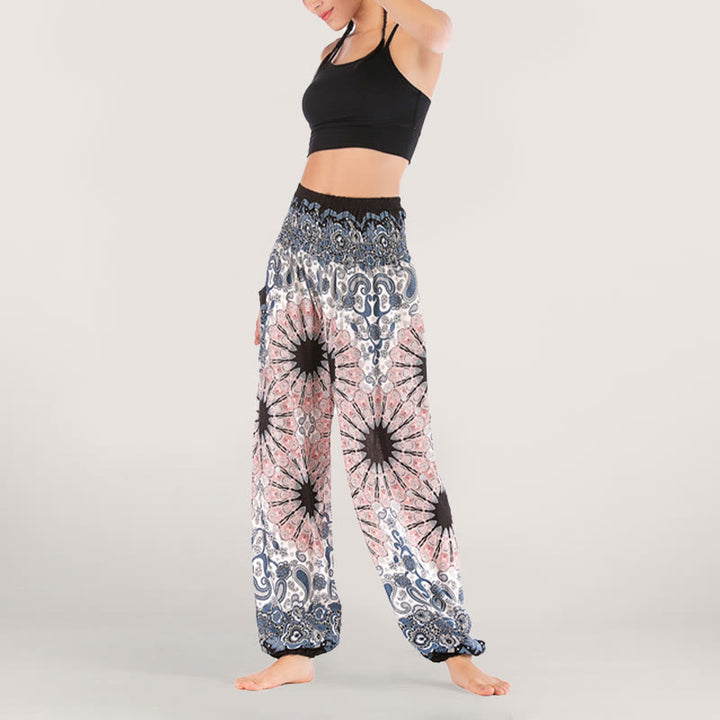 Pantalon sarouel en viscose à taille élastique imprimé flocons de neige mandala Olivenorma pour femme