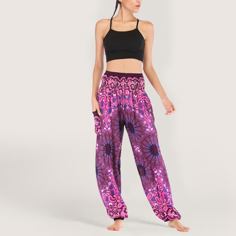 Pantalon sarouel en viscose à taille élastique imprimé flocons de neige mandala Olivenorma pour femme