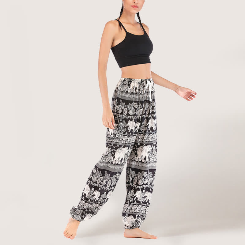 Pantalon de yoga ethnique Olivenorma motif éléphant, sarouel en viscose à taille élastique pour femme