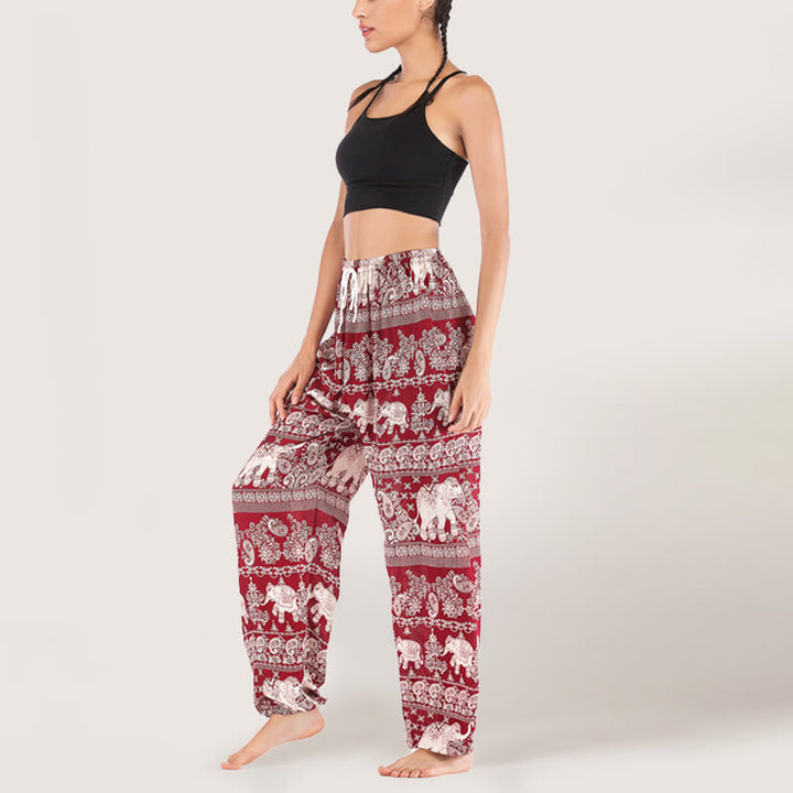Pantalon de yoga ethnique Olivenorma motif éléphant, sarouel en viscose à taille élastique pour femme - Rouge - image 8