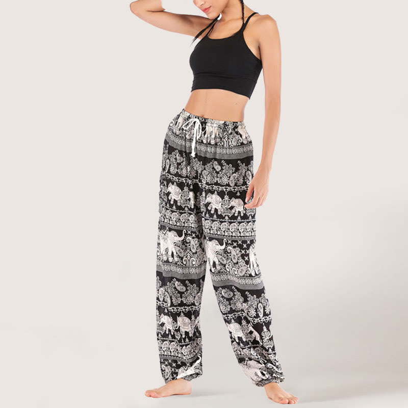 Pantalon de yoga ethnique Olivenorma motif éléphant, sarouel en viscose à taille élastique pour femme
