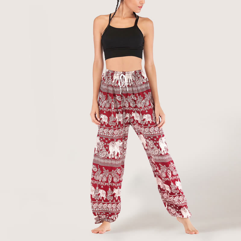 Pantalon de yoga ethnique Olivenorma motif éléphant, sarouel en viscose à taille élastique pour femme