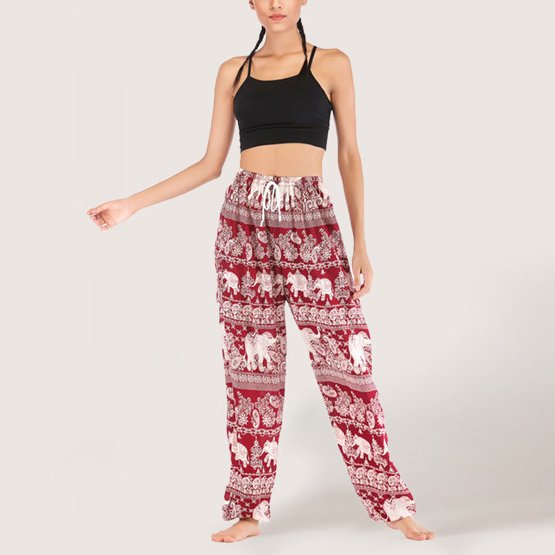 Pantalon de yoga ethnique Olivenorma motif éléphant, sarouel en viscose à taille élastique pour femme