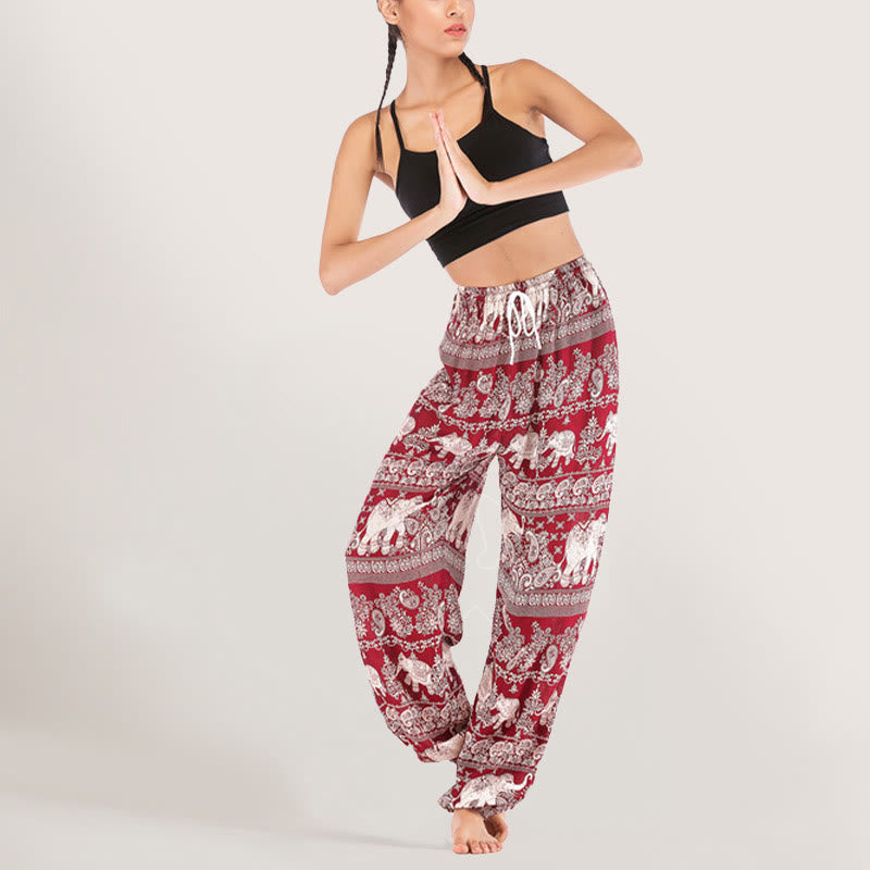 Pantalon de yoga ethnique Olivenorma motif éléphant, sarouel en viscose à taille élastique pour femme