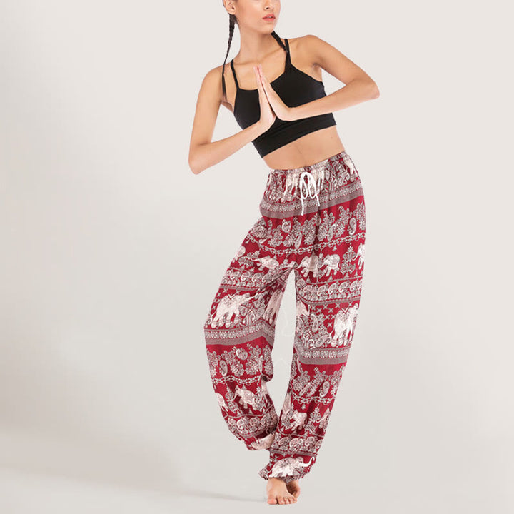 Pantalon de yoga ethnique Olivenorma motif éléphant, sarouel en viscose à taille élastique pour femme