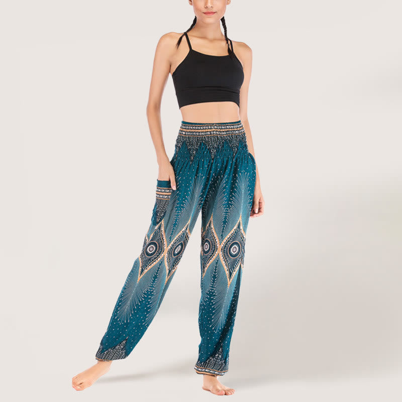 Pantalon sarouel taille élastique en viscose style bohème mandala Olivenorma pour femme