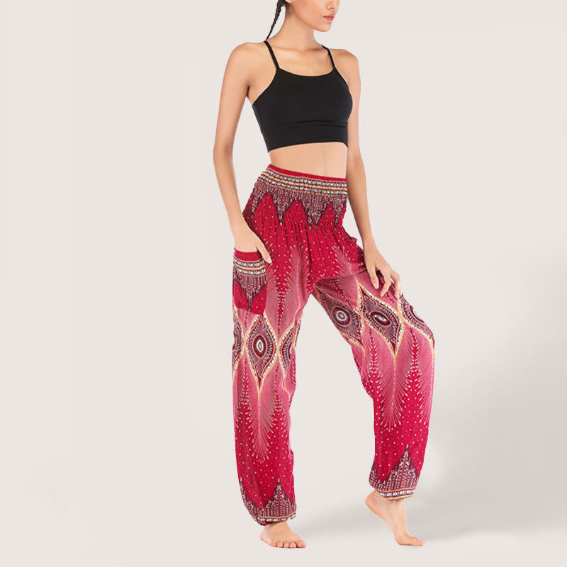 Pantalon sarouel taille élastique en viscose style bohème mandala Olivenorma pour femme - Rouge - image 18