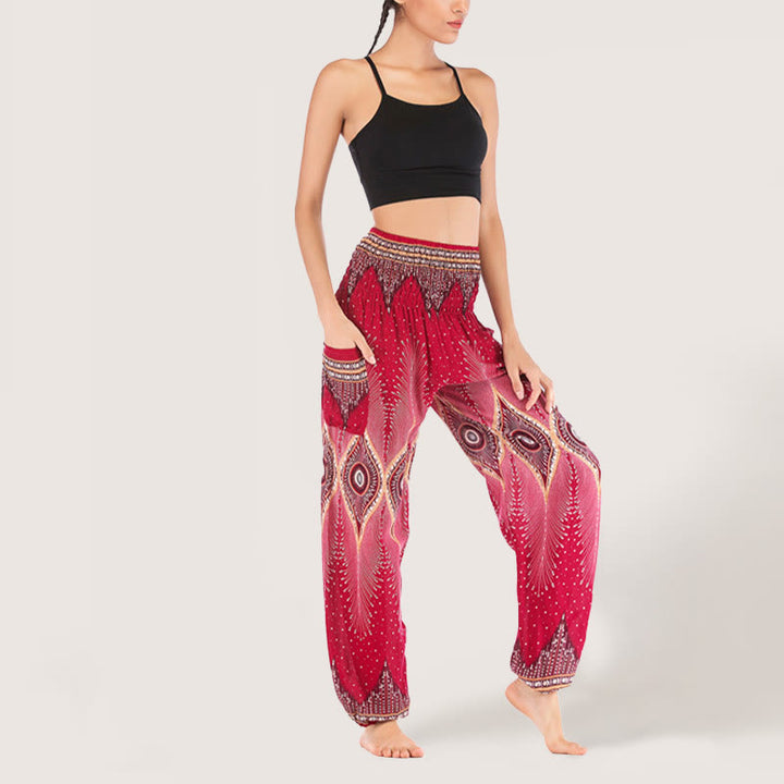 Pantalon sarouel taille élastique en viscose style bohème mandala Olivenorma pour femme - Rouge - image 18