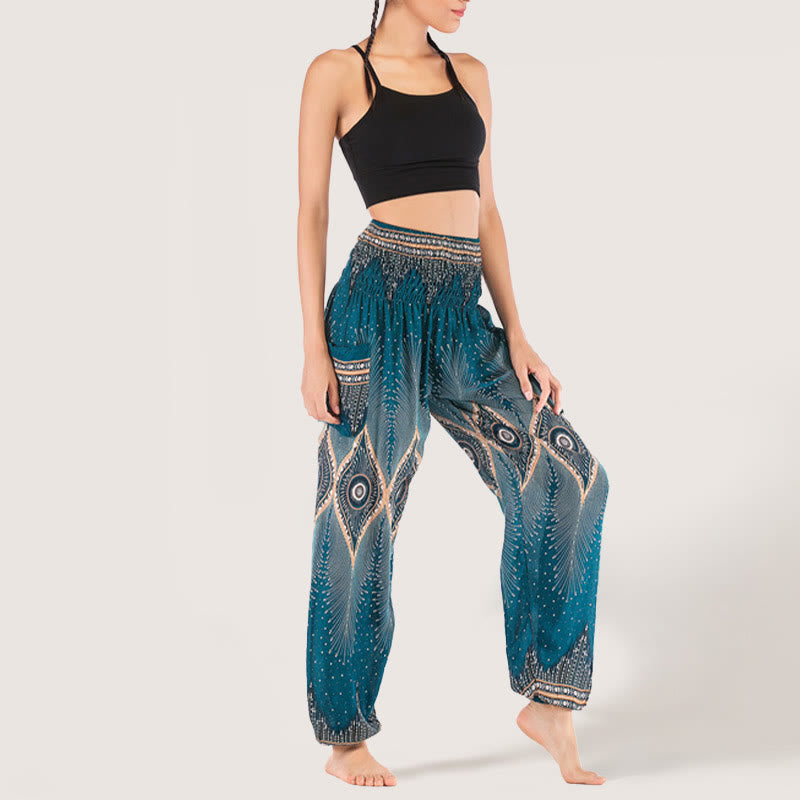 Pantalon sarouel taille élastique en viscose style bohème mandala Olivenorma pour femme - Bleu - image 0
