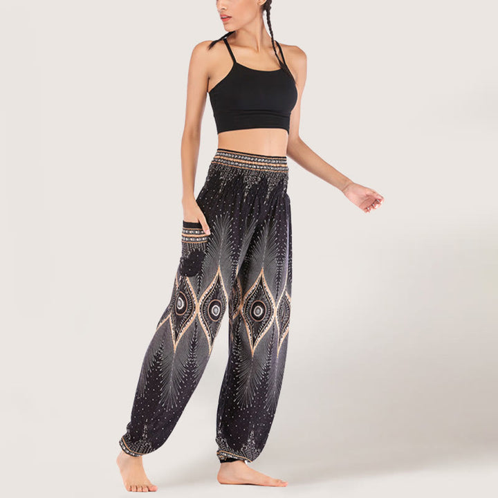 Pantalon sarouel taille élastique en viscose style bohème mandala Olivenorma pour femme