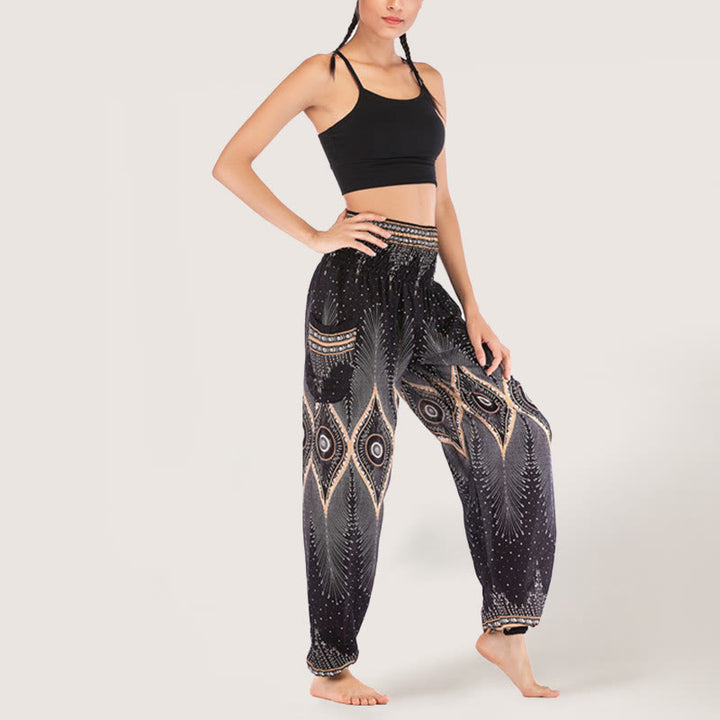 Pantalon sarouel taille élastique en viscose style bohème mandala Olivenorma pour femme - Noir - image 9