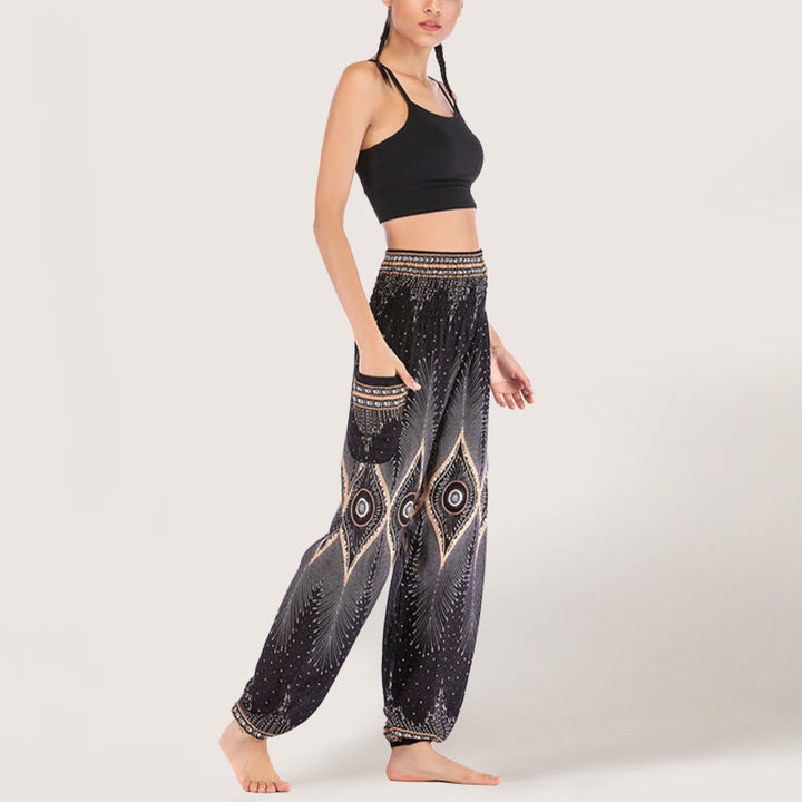 Pantalon sarouel taille élastique en viscose style bohème mandala Olivenorma pour femme