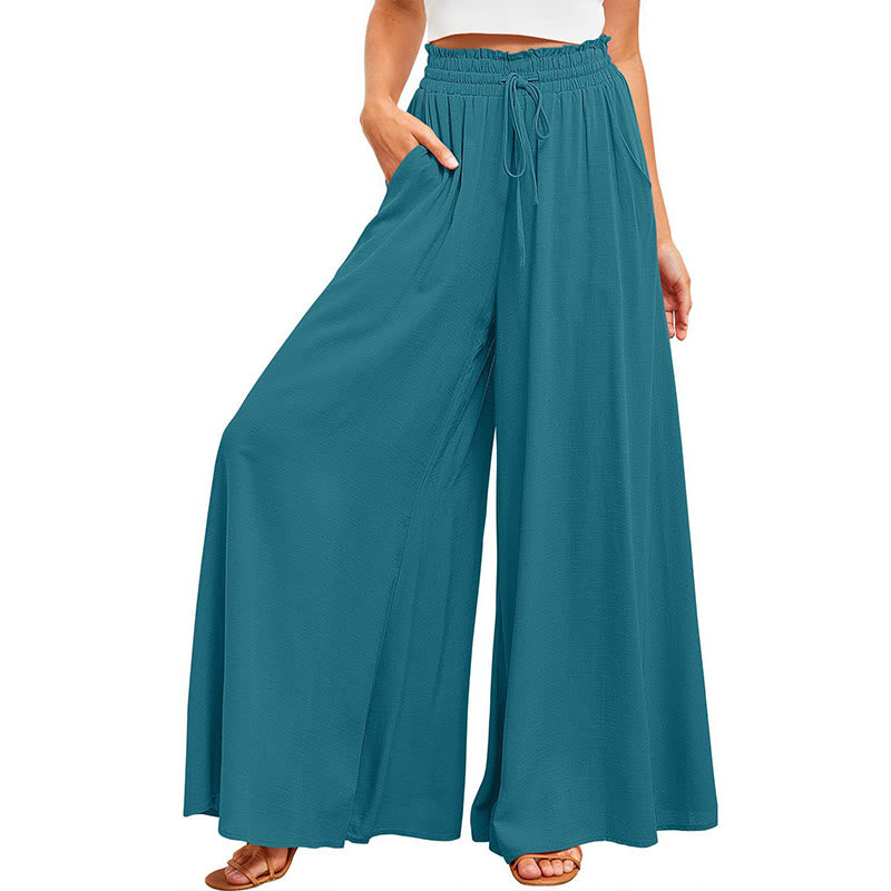 Pantalon palazzo décontracté taille haute uni Olivenorma pour femme avec poches - image 4
