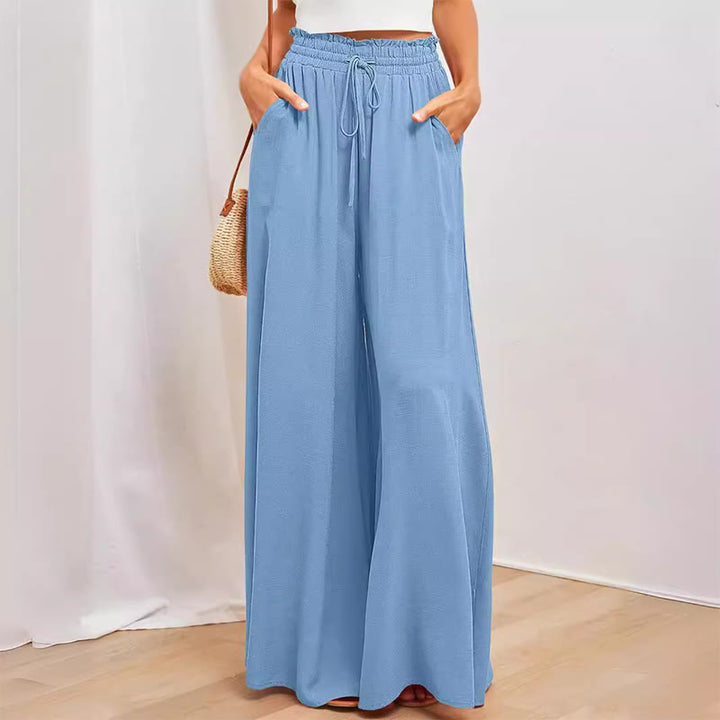 Pantalon palazzo décontracté taille haute uni Olivenorma pour femme avec poches - Bleu ciel - XXL - image 6