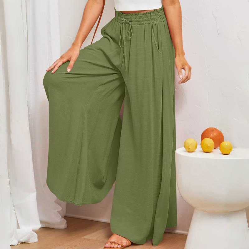 Pantalon palazzo décontracté taille haute uni Olivenorma pour femme avec poches - image 10