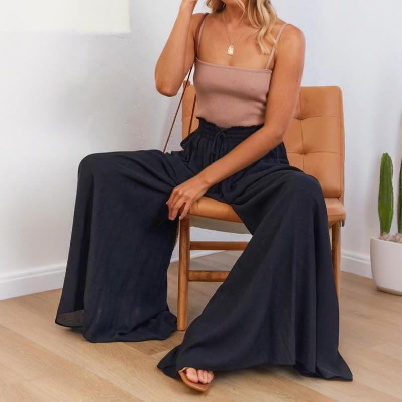 Pantalon palazzo décontracté taille haute uni Olivenorma pour femme avec poches - image 17