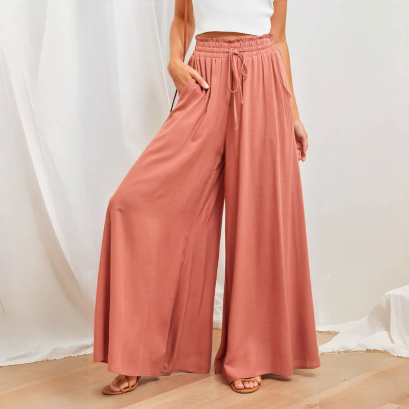 Pantalon palazzo décontracté taille haute uni Olivenorma pour femme avec poches - Corail - XXL - image 19