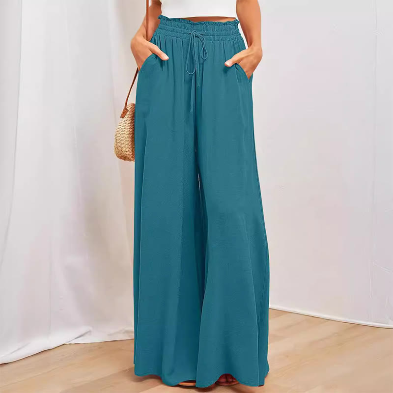 Pantalon palazzo décontracté taille haute uni Olivenorma pour femme avec poches - Sarcelle - XXL - image 1
