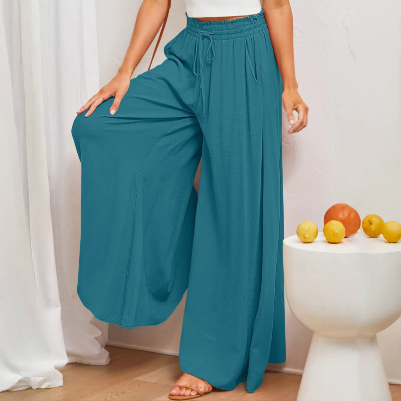 Pantalon palazzo décontracté taille haute uni Olivenorma pour femme avec poches - image 1