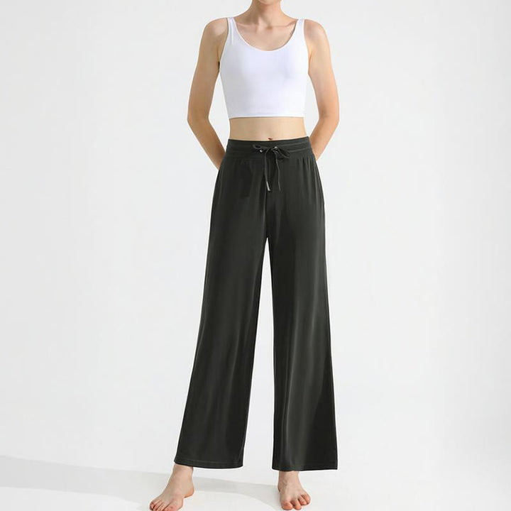 Pantalon de yoga droit drapé uni Olivenorma pour femme avec cordon de serrage