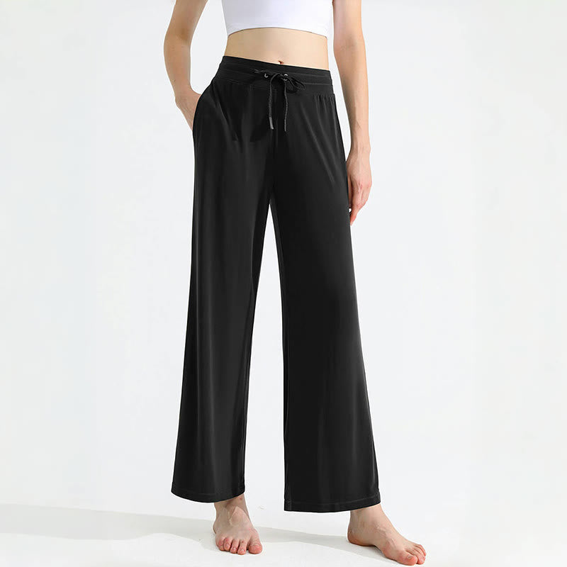 Pantalon de yoga droit drapé uni Olivenorma pour femme avec cordon de serrage - Noir - XL - image 4