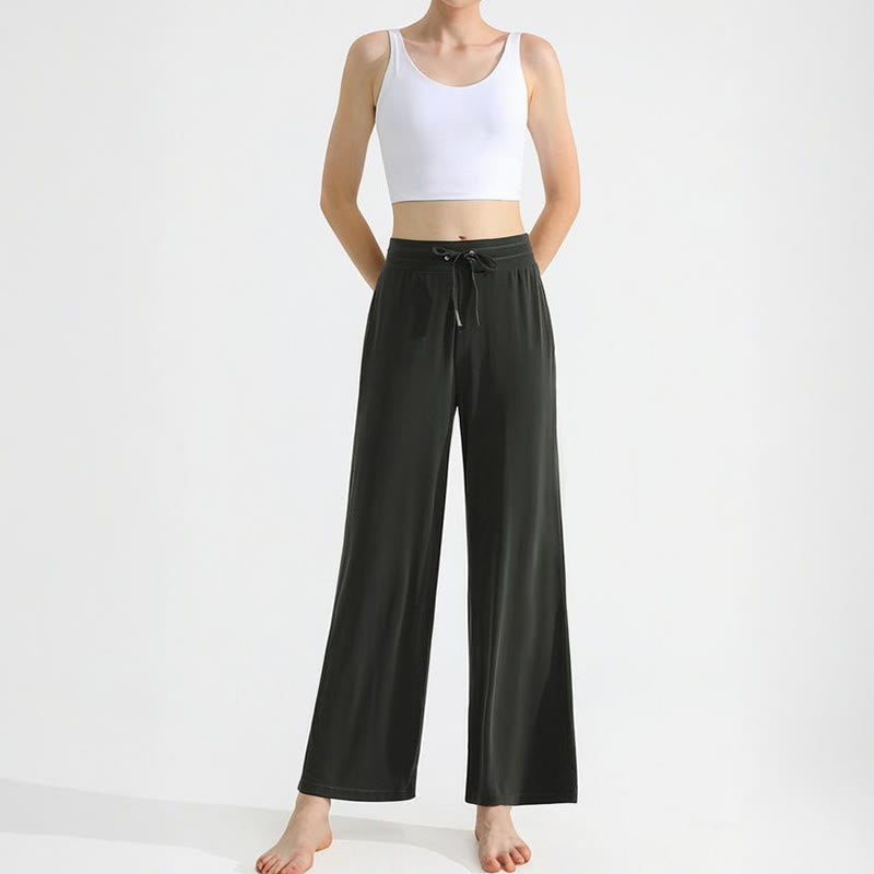 Pantalon de yoga droit drapé uni Olivenorma pour femme avec cordon de serrage - image 8