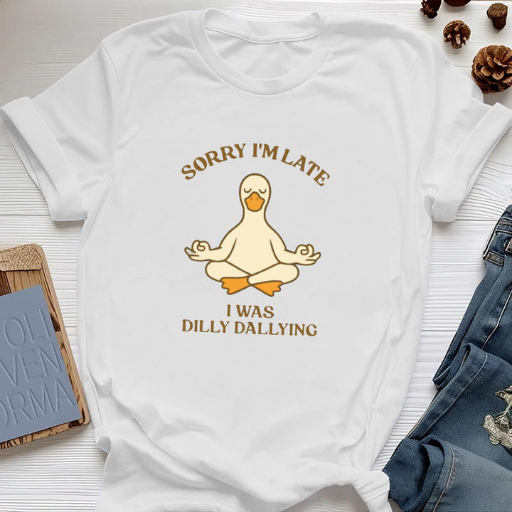 T-shirt Olivenorma « Désolé, je suis en retard, j'ai traîné les pieds » - Blanc - Canard méditant - 2XL - image 0
