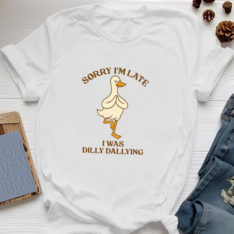 T-shirt Olivenorma « Désolé, je suis en retard, j'ai traîné les pieds » - Blanc - Canard en posture de l'arbre - 2XL - image 4