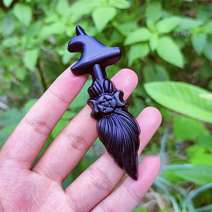 Décoration de pierre précieuse de balai de sorcière de la triple déesse d'obsidienne d' Olivenorma - Obsidienne - image 1