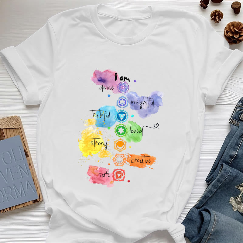 T-shirt de yoga Olivenorma « I AM » avec l'énergie des 7 chakras - Blanc - 2XL - image 1