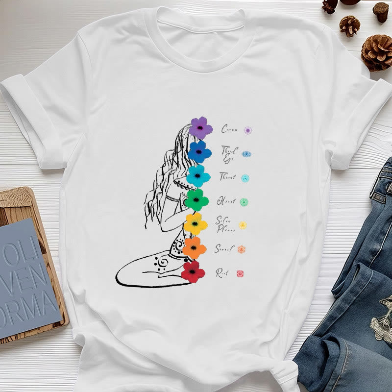 T-shirt Olivenorma Meditation Girl 7 Chakra Flowers - Blanc - 2XL - image 1