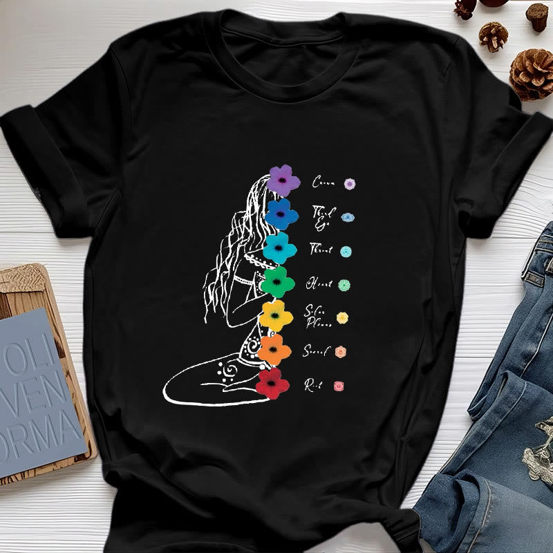 T-shirt Olivenorma Meditation Girl 7 Chakra Flowers - Noir - 2XL - image 5