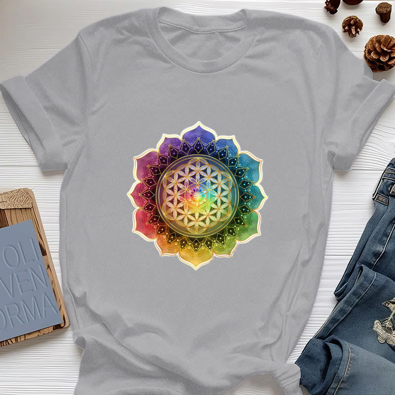 T-shirt en coton Olivenorma avec médaille des 7 chakras et fleur de vie - Gris - 2XL - image 8