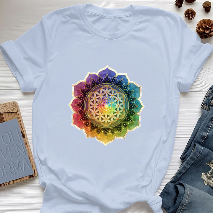 T-shirt en coton Olivenorma avec médaille des 7 chakras et fleur de vie - Bleu - 2XL - image 11