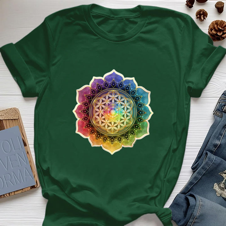 T-shirt en coton Olivenorma avec médaille des 7 chakras et fleur de vie - Vert foncé - 2XL - image 19