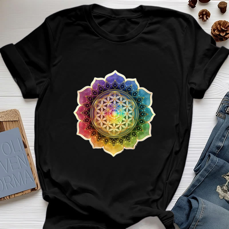 T-shirt en coton Olivenorma avec médaille des 7 chakras et fleur de vie - Noir - 2XL - image 5