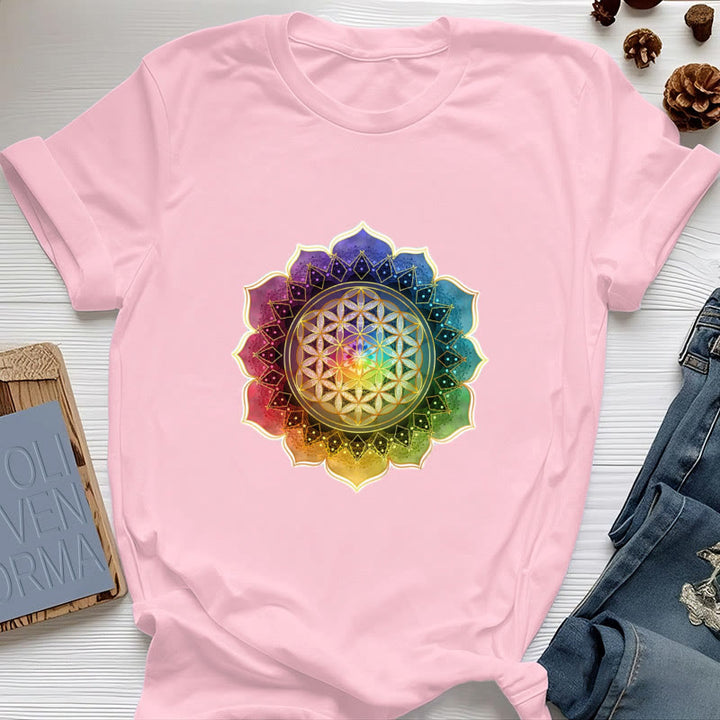 T-shirt en coton Olivenorma avec médaille des 7 chakras et fleur de vie - Rose - 2XL - image 13