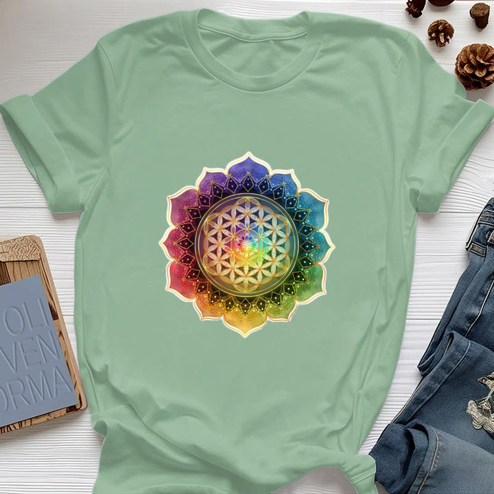 T-shirt en coton Olivenorma avec médaille des 7 chakras et fleur de vie - Vert clair - 2XL - image 18