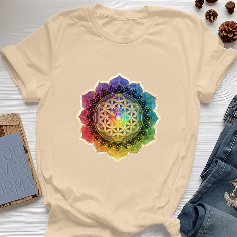 T-shirt en coton Olivenorma avec médaille des 7 chakras et fleur de vie - Jaune - 2XL - image 10