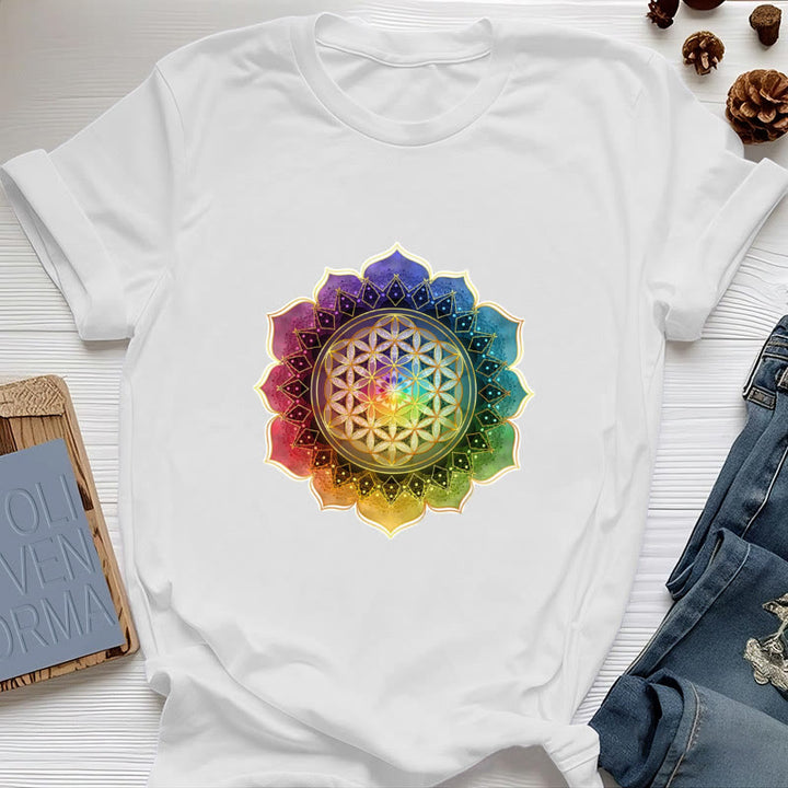 T-shirt en coton Olivenorma avec médaille des 7 chakras et fleur de vie - Blanc - 2XL - image 0