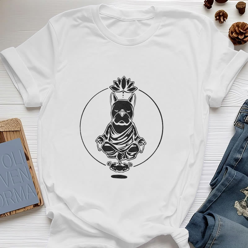 Olivenorma Zen Méditation Bouledogue Français Lotus T-Shirt - Blanc - 2XL - image 4