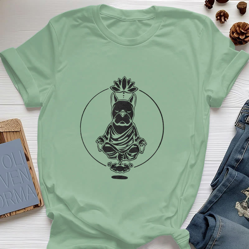 Olivenorma Zen Méditation Bouledogue Français Lotus T-Shirt - Vert clair - 2XL - image 16
